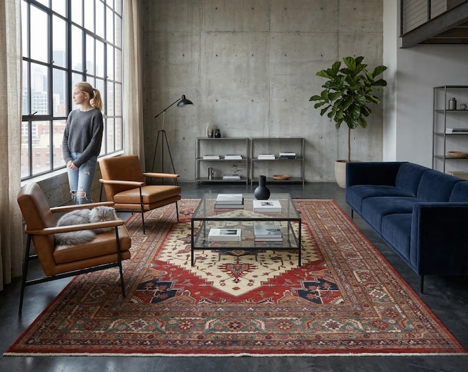 6.6 X 9.9 ft Beige and Green Geomatrical Handmade , Super Kazak Cotton and Wool