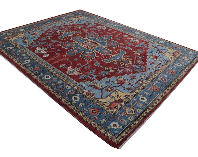 8.0 X 9.10 ft Red and Blue Floral Handmade , Heriz Cotton and Wool