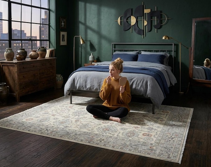 5.0 X 6.10 ft Beige Floral Handmade Runner ,Heriz Cotton and Wool