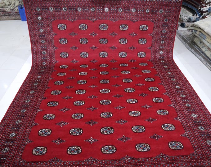 9x12 Ft Hand-Knotted Wool Mori Bokhara Rug – Red Turkmen Geometric Rug