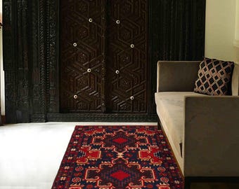 Hand-knotted Baluchi in Blue and Brown 2.95 x 4.59 ft