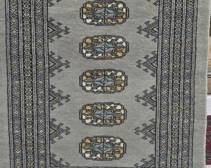 2 X 3 ft Gray Geometrical Handmade, Mori Bokhara Cotton and Wool
