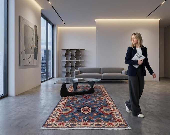 2.1 X 5.1 ft Blue and Beige Floral Handmade Runner ,Heriz Cotton and Wool