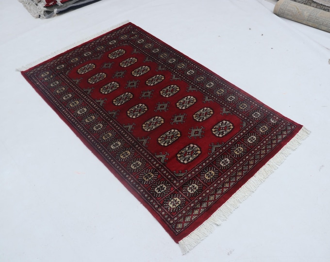 3 X 5 ft Geometrical Mori Bokhara Rug, Red, Handmade Cotton and Wool