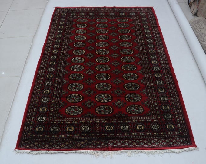 4.2 X 6.2 ft Red Geomatrical Handmade, Mori Bokhara Cotton and Wool
