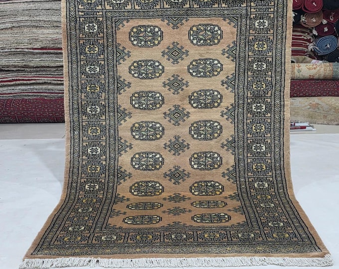 3 X 5 ft Brown Geometrical Handmade, Mori Bokhara Cotton and Wool