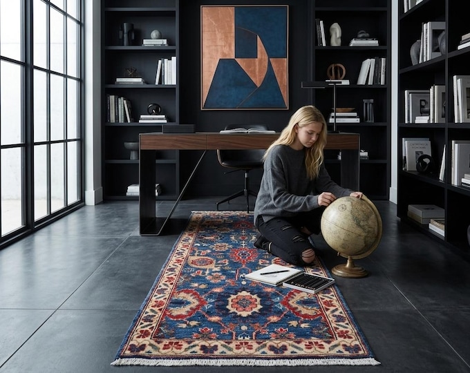 2.1 X 6.10 ft Blue and Beige Floral Handmade Runner ,Heriz Cotton and Wool