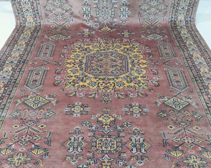 7 X 10 ft Handmade Geometrical Kafkazi Rug, Copper and Yellow, Cotton and Wool and Silk Touch