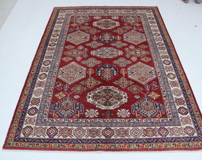 5.6 X 7.8 ft Red and Beige Geomatrical Handmade , Super Kazak Cotton and Wool