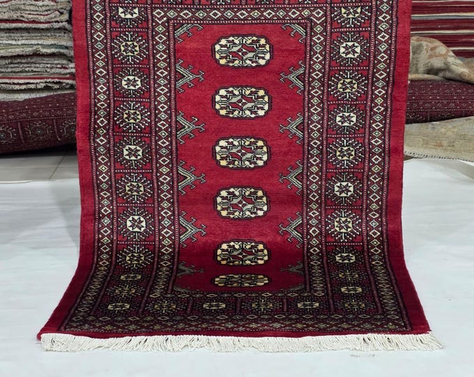 2.5 X 4 ft Red Geometrical Handmade, Mori Bokhara Cotton and Wool