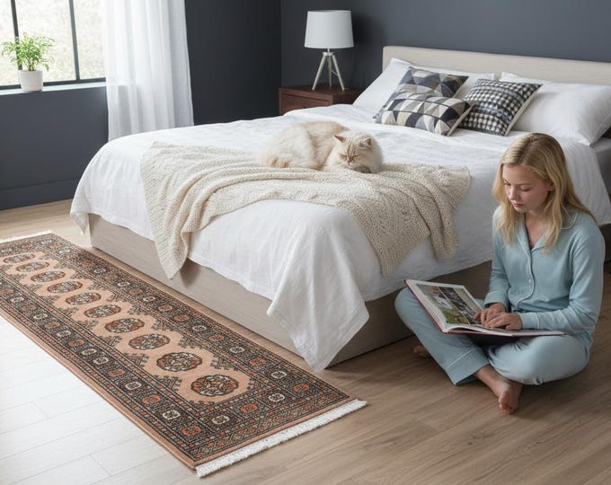 2.1 X 5.11 ft Copper Geomatrical Runner Handmade, Mori Bokhara Cotton and Wool