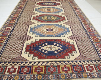7x11 Beige Kazak Rug – Hand-Knotted Afghan Wool, Geometric Design