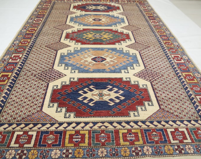 7x11 Beige Kazak Rug – Hand-Knotted Afghan Wool, Geometric Design
