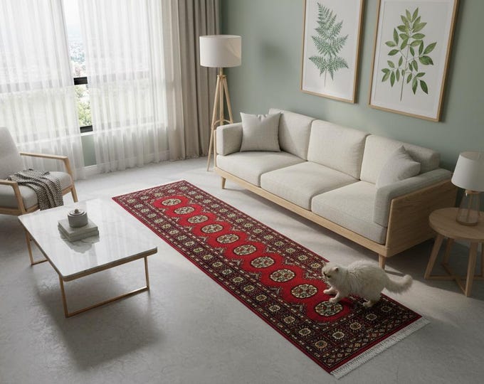 2.0 X 6.1 ft Red Geomatrical Runner Handmade, Mori Bokhara Cotton and Wool