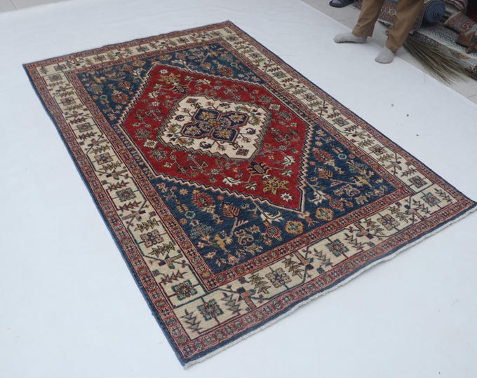 Hand-knotted Super Kazak Cotton and Wool Rug, Geomatrical in Red base and Beige border, 4.9 X 7.0 ft