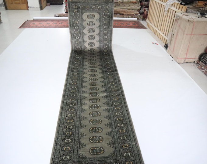 11 Ft Hand Knotted Wool Runner Rug, Mori Bokhara Geometric Tribal Design