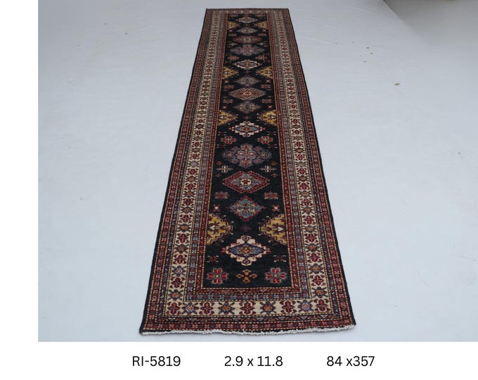 Hand-Knotted Kazak Rug, Black Geometric Runner, Wool & Silk Touch, 2.9 x 11.8 ft