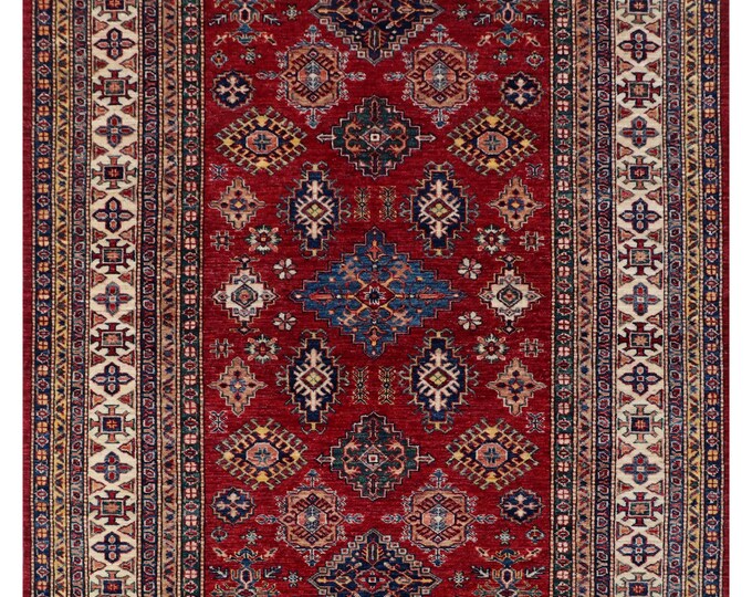 5.5 X 7.11 ft Red and Beige Geomatrical Handmade, Super Kazak Cotton and Wool