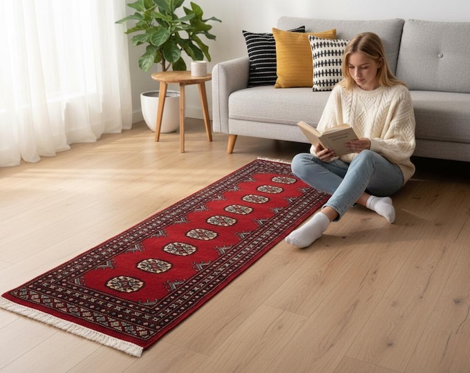 2.0 X 5.1 ft Red Geomatrical Handmade, Mori Bokhara Cotton and Wool