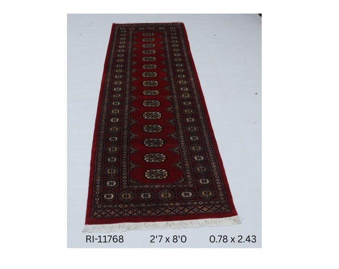 Hand-knotted Mohri Bokhara Cotton and Wool Rug, Geomatrical in Red base and Red border, 2.7 x 8.0 ft