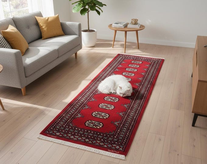 2.1 X 6.0 ft Red Geomatrical Handmade, Mori Bokhara Cotton and Wool