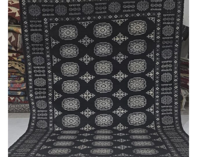4 X 6 ft Black Geometrical Handmade , Mori Bokhara Cotton and Wool