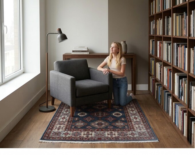 3.2 X 3.1 ft Blue and Beige Geomatrical Handmade , Super Kazak Cotton and Wool