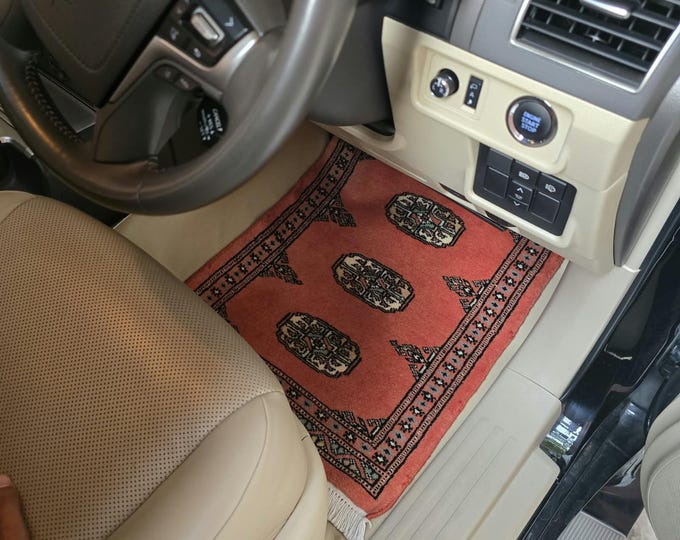 1.5 X 2 ft Geomatric Handmade Car Mats Pair, Orange Wool Car Floor Rugs, Cotton and Wool