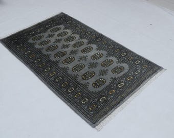 3 X 5 ft Geometrical Mori Bokhara Rug, Gray, Handmade Cotton and Wool
