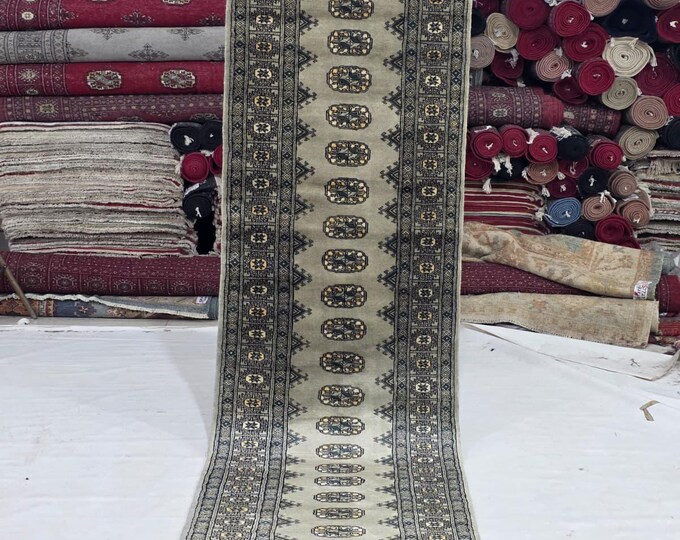 3 X 11 ft Gray Geomatrical Handmade Runner, Mori Bokhara Cotton and Wool