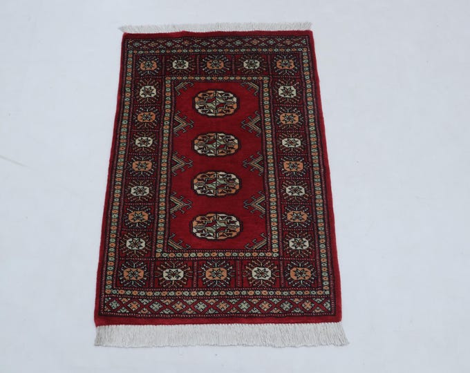 2.0 X 3.0 ft Red Geomatrical Handmade ,Mori Bokhara Cotton and Wool