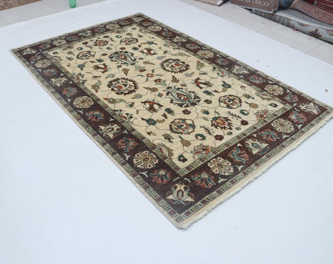 Hand-knotted Super Kazak Cotton and Wool Rug, Geomatrical in Beige base and Brown border, 5.1 X 8.2 ft