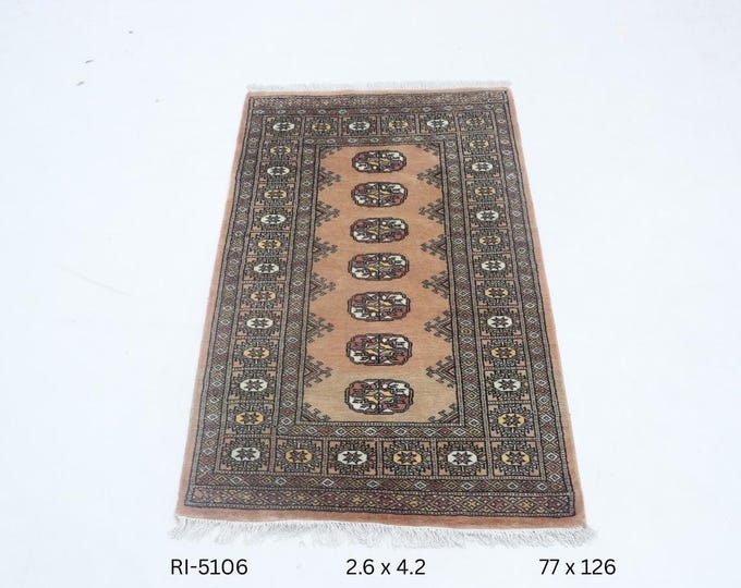 Hand-knotted Mori Bokhara Cotton and Wool Rug, Geomatrical in Brown base and Brown border, 2.6 x 4.2 ft