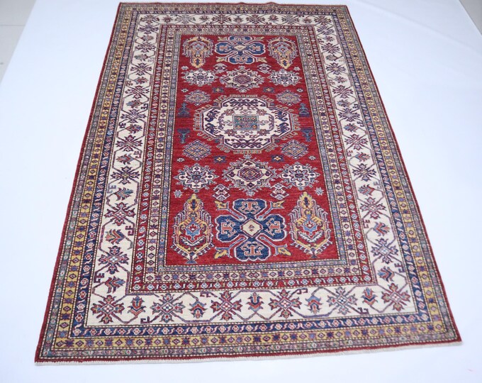 6x8 Red Kazak Rug – Hand-Knotted Afghan Wool, Geometric Design