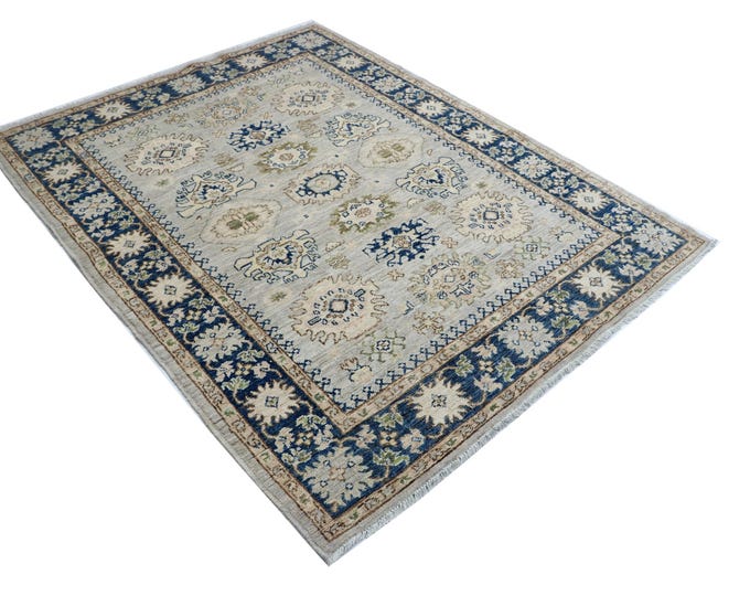 5.1 X 6.5 ft Blue and Beige Floral Handmade ,Oshak Wool