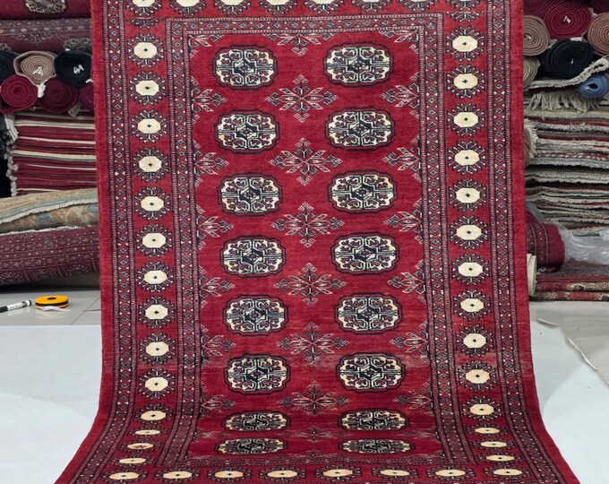 3 X 5 ft Red Geometrical Handmade, Mori Bokhara Cotton and Wool
