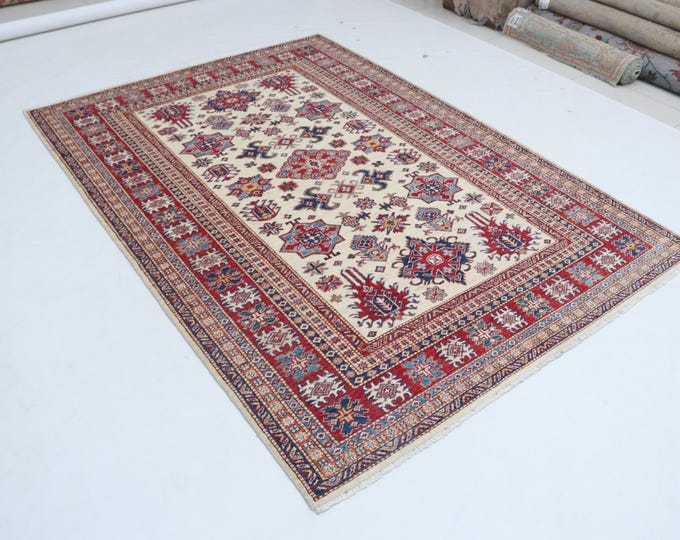 5 X 8 ft Beige and Red Geomatrical Handmade, Super Kazak Cotton and Wool