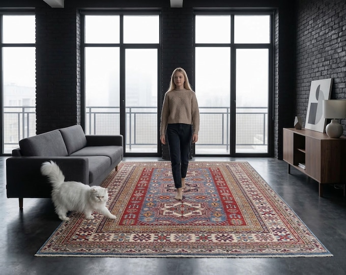 5 X 6 ft Blue and Beige Geomatrical Handmade , Super Kazak Cotton and Wool