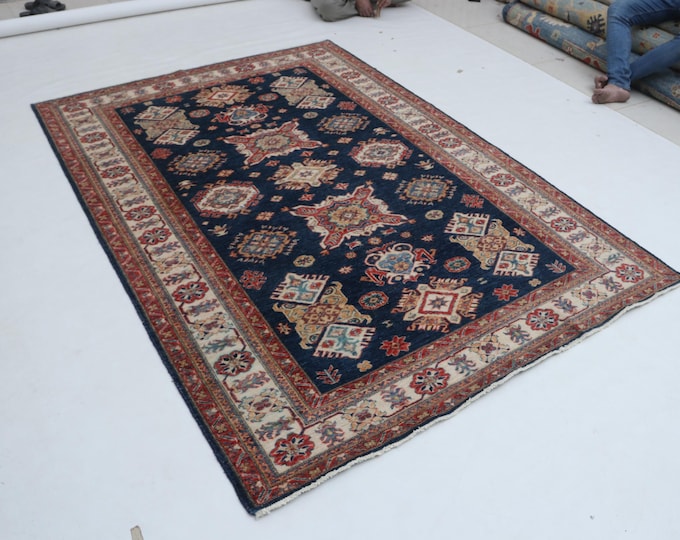 6 X 8 ft Blue and Beige Geomatrical Handmade, Super Kazak Cotton and Wool