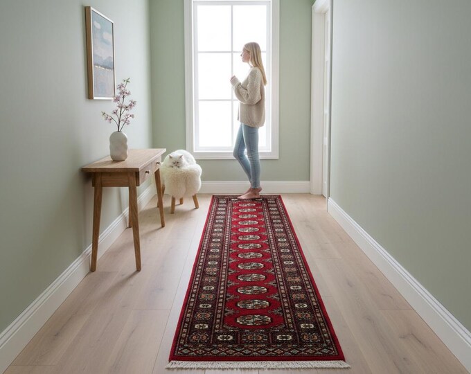 2.1 X 5.11 ft Red Geomatrical Runner Handmade, Mori Bokhara Cotton and Wool