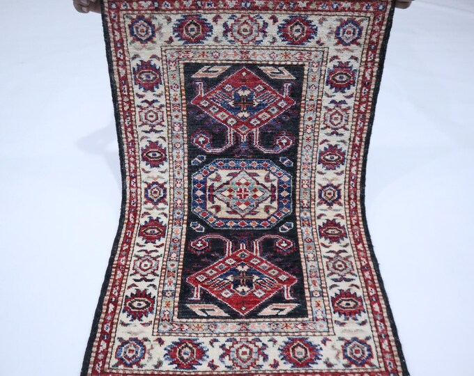 2x3 Black Kazak Rug – Hand-Knotted Afghan Wool, Geometric Design