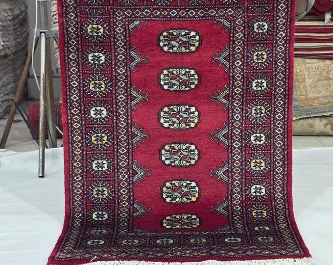2.5 X 4 ft Red Geometrical Handmade, Mori Bokhara Cotton and Wool