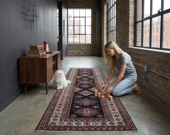 2.6 X 8.4 ft Black and Beige Geomatrical Handmade Runner, Super Kazak Cotton and Wool