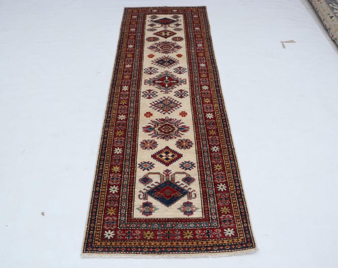 2 X 8 ft Beige and Red Geomatrical Handmade Runner, Super Kazak Cotton and Wool