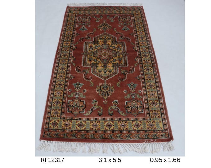 Hand-Knotted Wool & Silk Touch Rug, Red Geometric Design, 3.1 x 5.5 ft