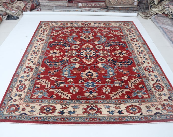 8.0 X 10.0 ft Red and Beige Floral Handmade ,Heriz Cotton and Wool