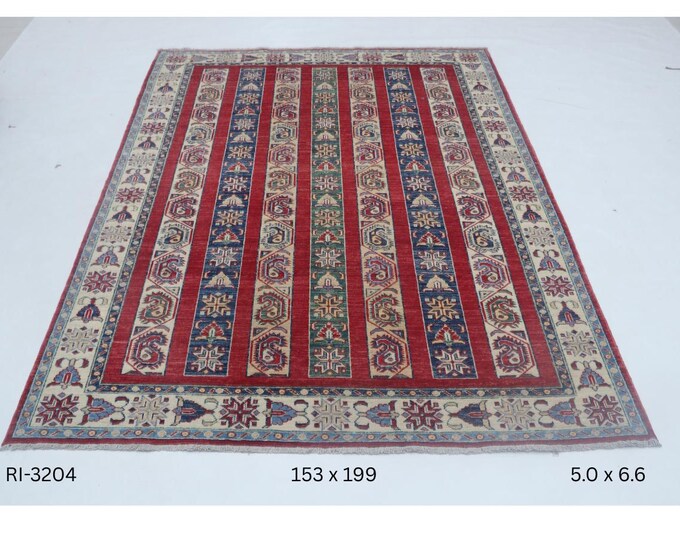 Hand-knotted Super Kazak Cotton and Wool Rug, Geomatrical in Red base and Beige border, 5.0 X 6.6 ft