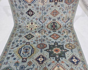 5.5 X 8 ft Handmade Floral Tribal Rug, Gray, Cotton and Wool