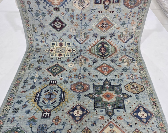 5.5 X 8 ft Handmade Floral Tribal Rug, Gray, Cotton and Wool
