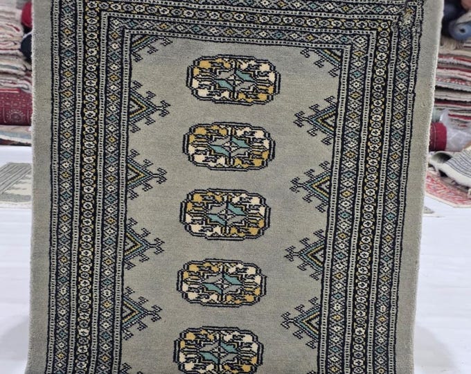 2 X 3 ft Gray Geomatrical Handmade, Mori Bokhara Cotton and Wool